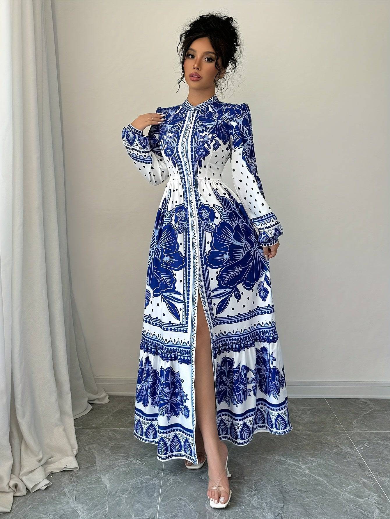 French Court Style Floral Dress for Women – Stand Collar, Polyester-Elastane Blend