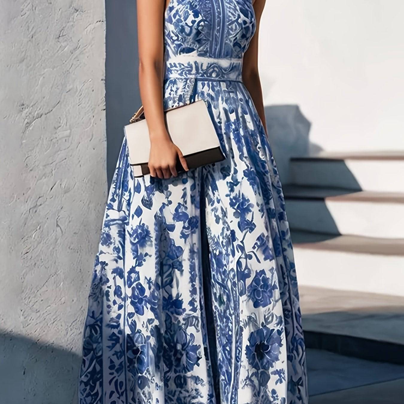 VougeVamp Women's Blue & White Porcelain Halter Dress – Elegant Waist-Cinching A-Line for Spring & Summer