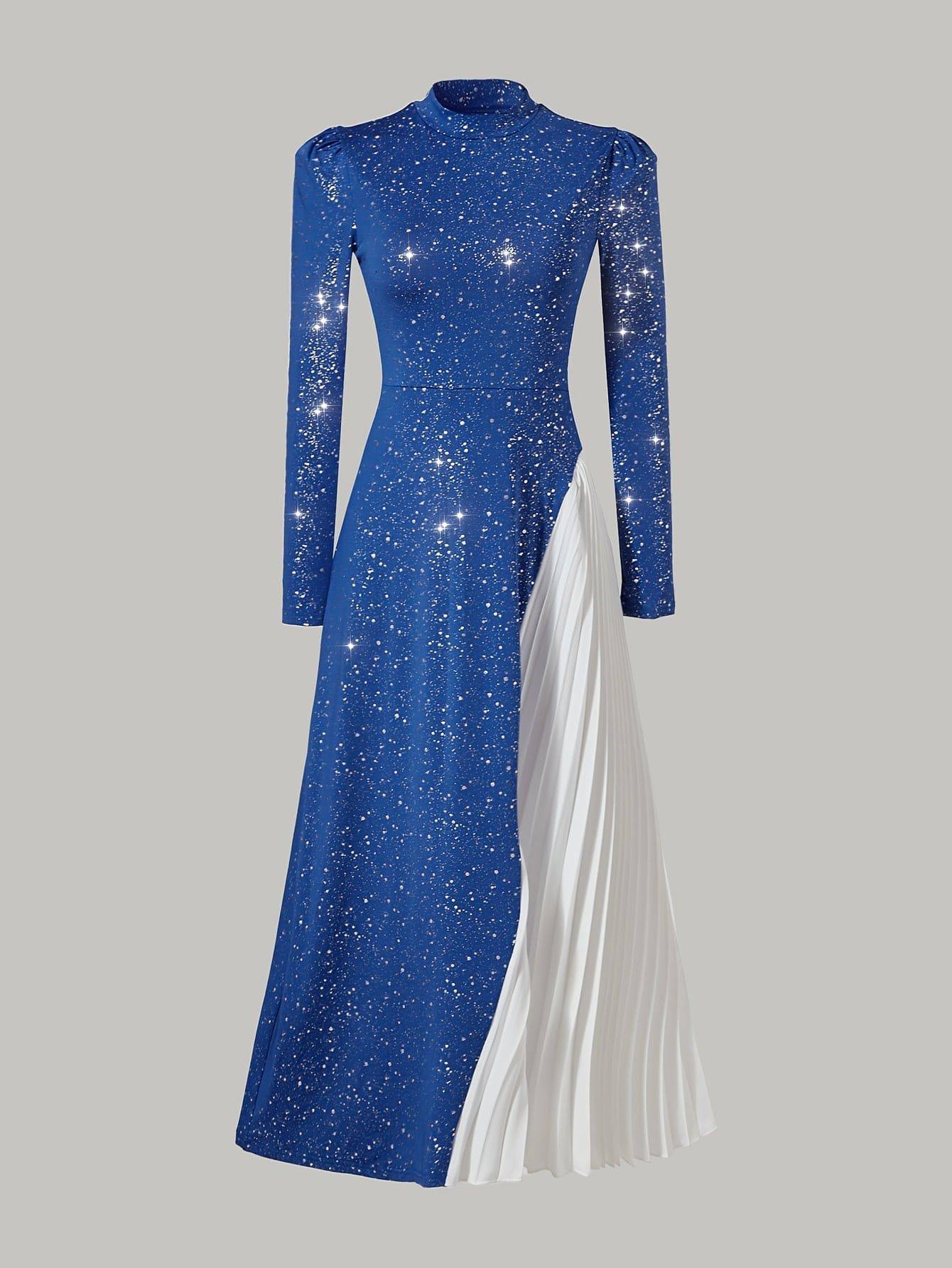 VougeVamp Elegant Red Starry Sky Maxi Dress – Long Sleeve Pleated Gown for Parties & Evening Events