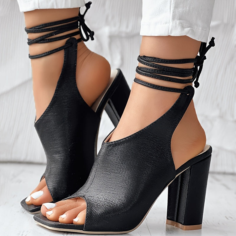 VougeVamp Open-Toe Lace-Up High Heel Sandals – Thick Heel, Stylish & Comfortable - VougeVampUK
