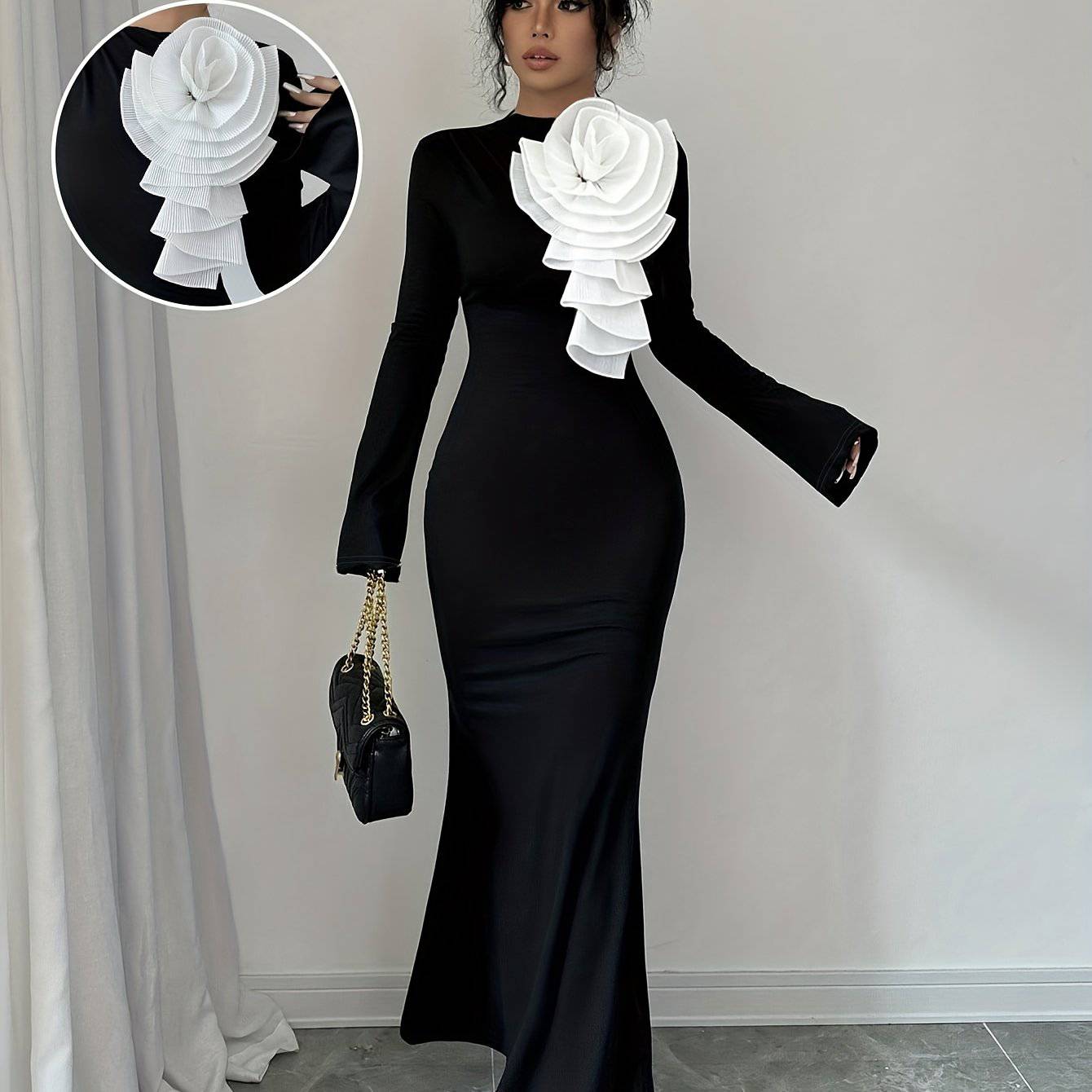 VougeVamp Elegant Long Sleeve Bodycon Dress – 3D Flower Applique Party Dress for All Seasons