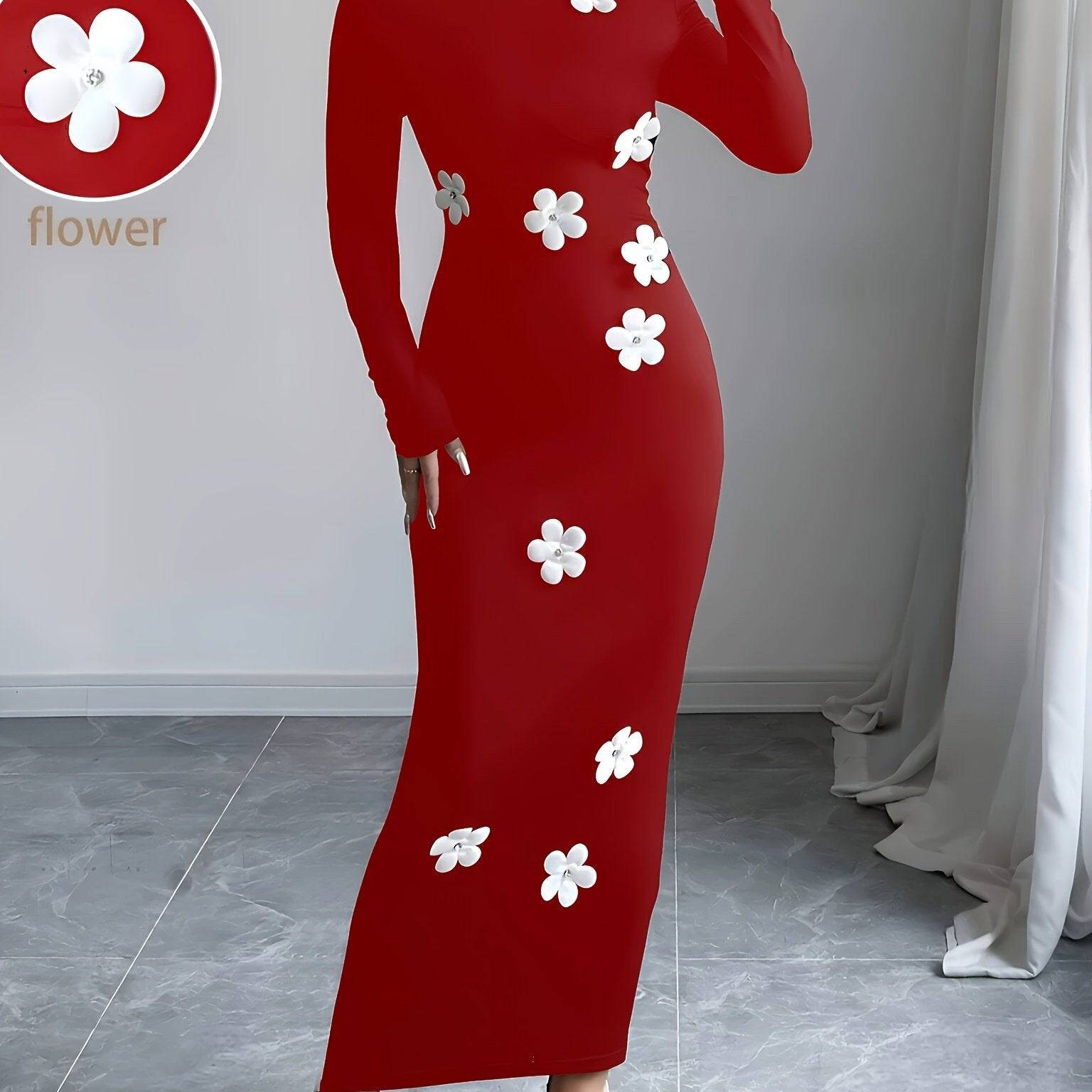 VougeVamp Elegant Floral High Neck Bodycon Dress – Fall & Winter Slim Fit Knit Dress for Women - VougeVampUK