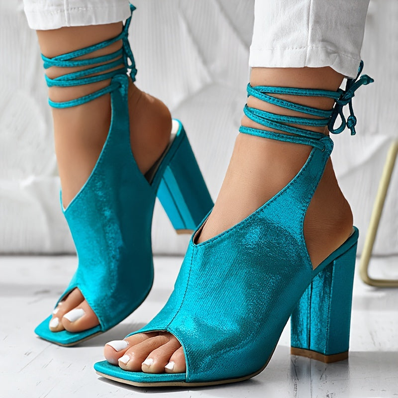 VougeVamp Open-Toe Lace-Up High Heel Sandals – Thick Heel, Stylish & Comfortable - VougeVampUK
