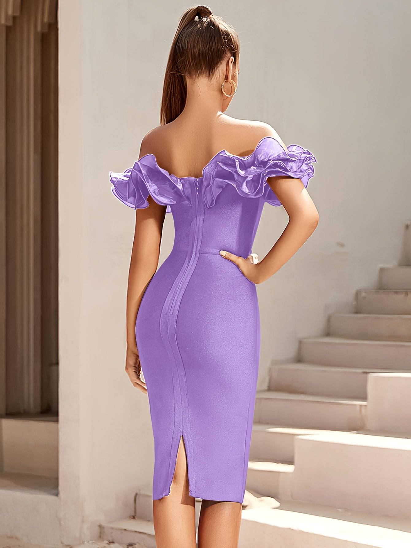 Elegant Ruffle Trim Off-Shoulder Bodycon Dress – Perfect for Party & Banquet, Wedding & Evening Events - VougeVampUK