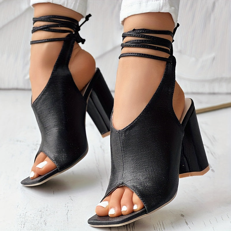 VougeVamp Open-Toe Lace-Up High Heel Sandals – Thick Heel, Stylish & Comfortable - VougeVampUK