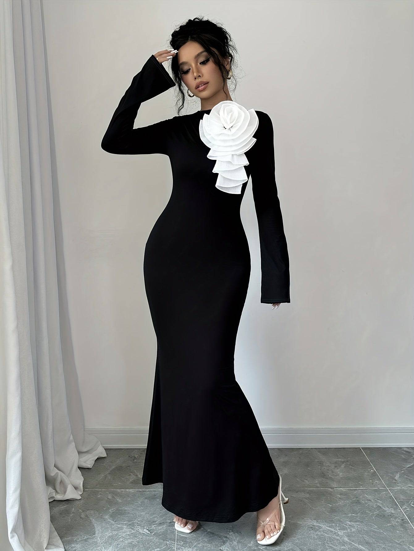 VougeVamp Elegant Long Sleeve Bodycon Dress – 3D Flower Applique Party Dress for All Seasons
