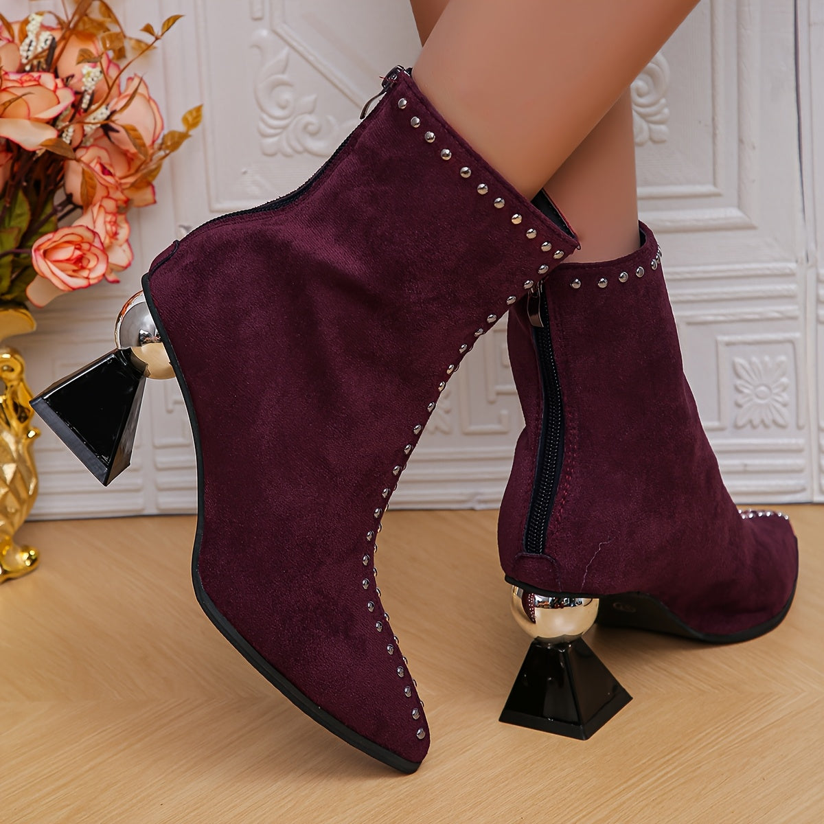 VougeVamp Women's Black Ankle Boots – Chunky Heel Pointed Toe Booties with Studded Detail & Side Zipper - VougeVampUK