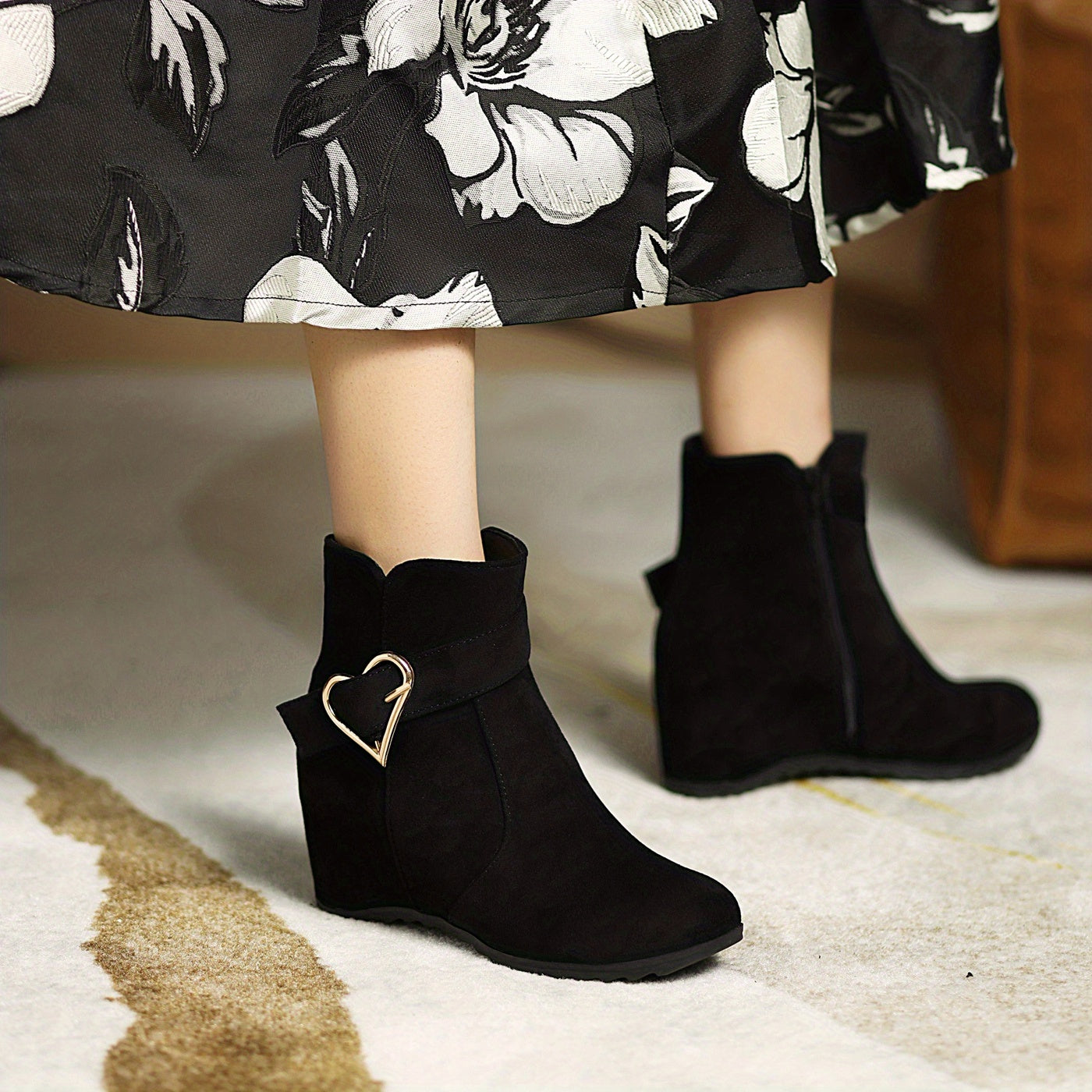 VougeVamp Stylish Wedge Ankle Boots – Heart-Shaped Buckle Strap, Comfortable & Breathable Slip-On Design - VougeVampUK