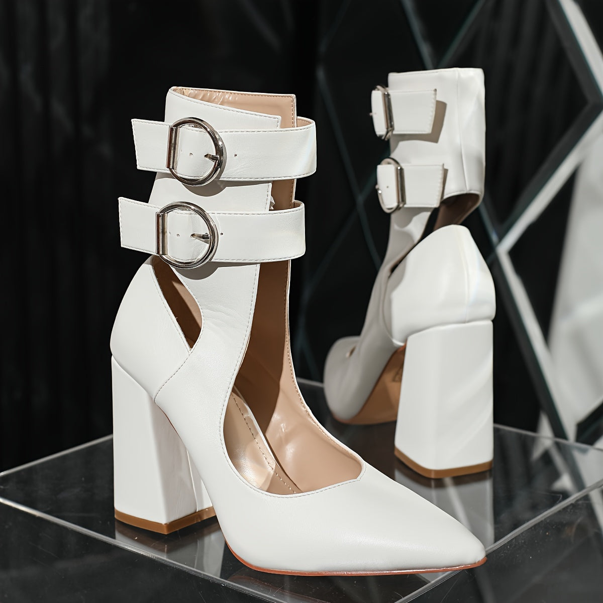 VougeVamp White Double Buckle Strap High Heel Pumps – Fashionable Pointed Toe Party Shoes - VougeVampUK
