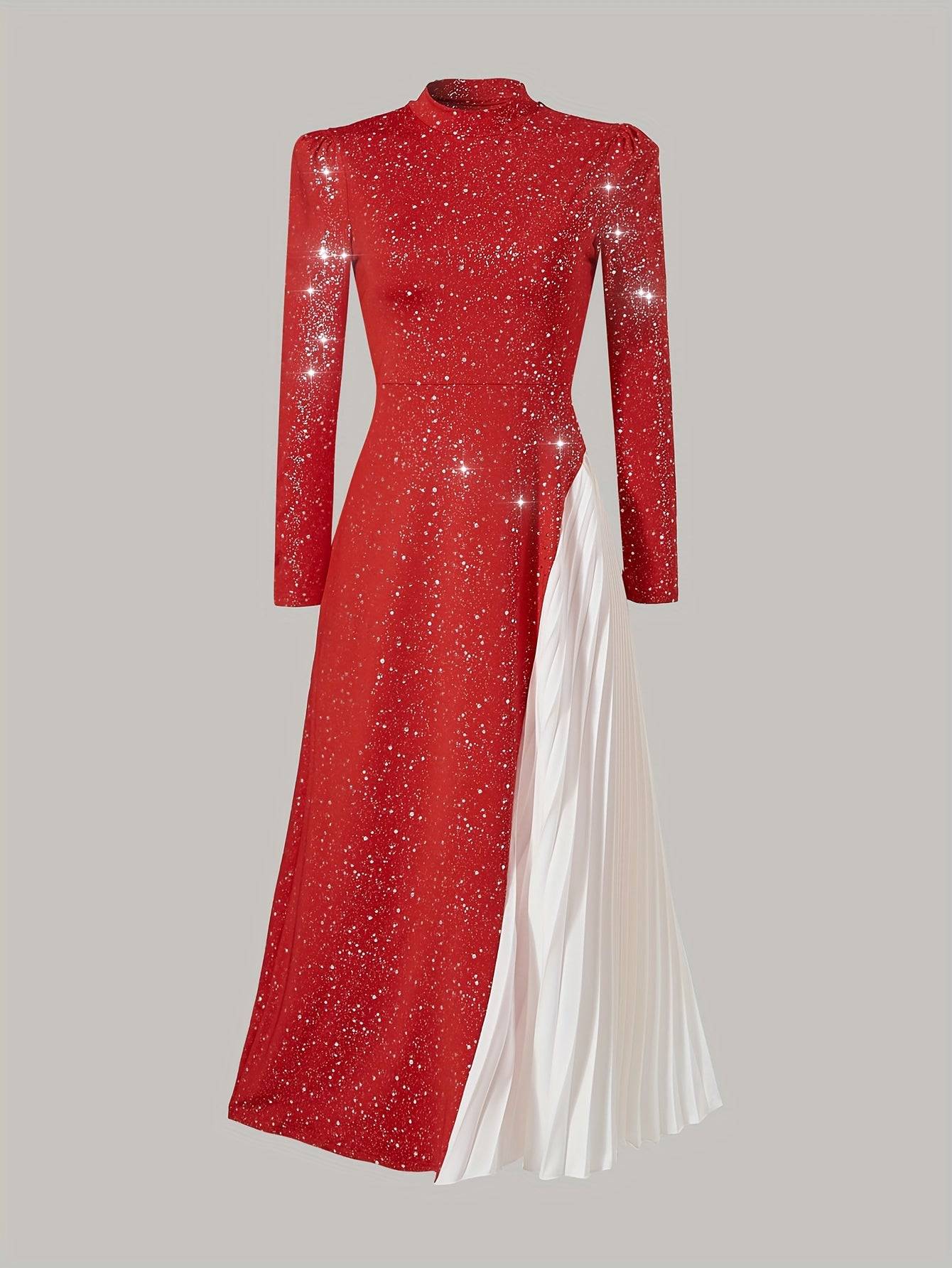 VougeVamp Elegant Red Starry Sky Maxi Dress – Long Sleeve Pleated Gown for Parties & Evening Events