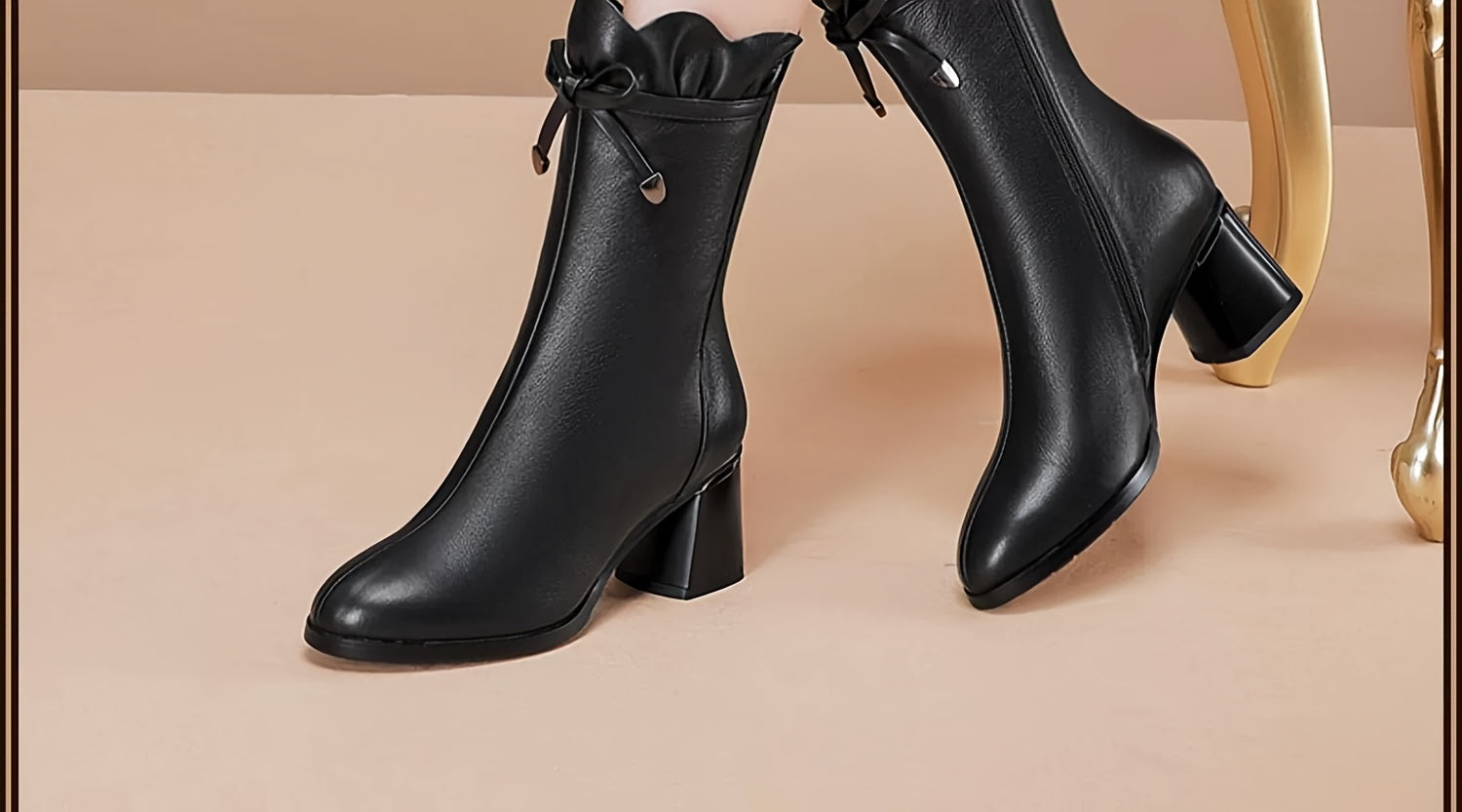 VougeVamp Stylish Mid-Calf Boots – Chic Chunky Heel, Solid Color & Easy Side Zip - VougeVampUK