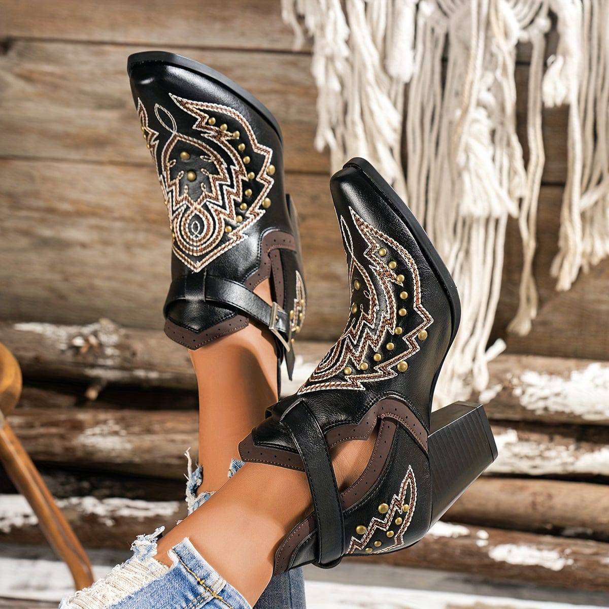 VougeVamp Women's Golden Bead Decor Ankle Boots – Chunky Heel Western Boots with Fashion Buckle Strap - VougeVampUK