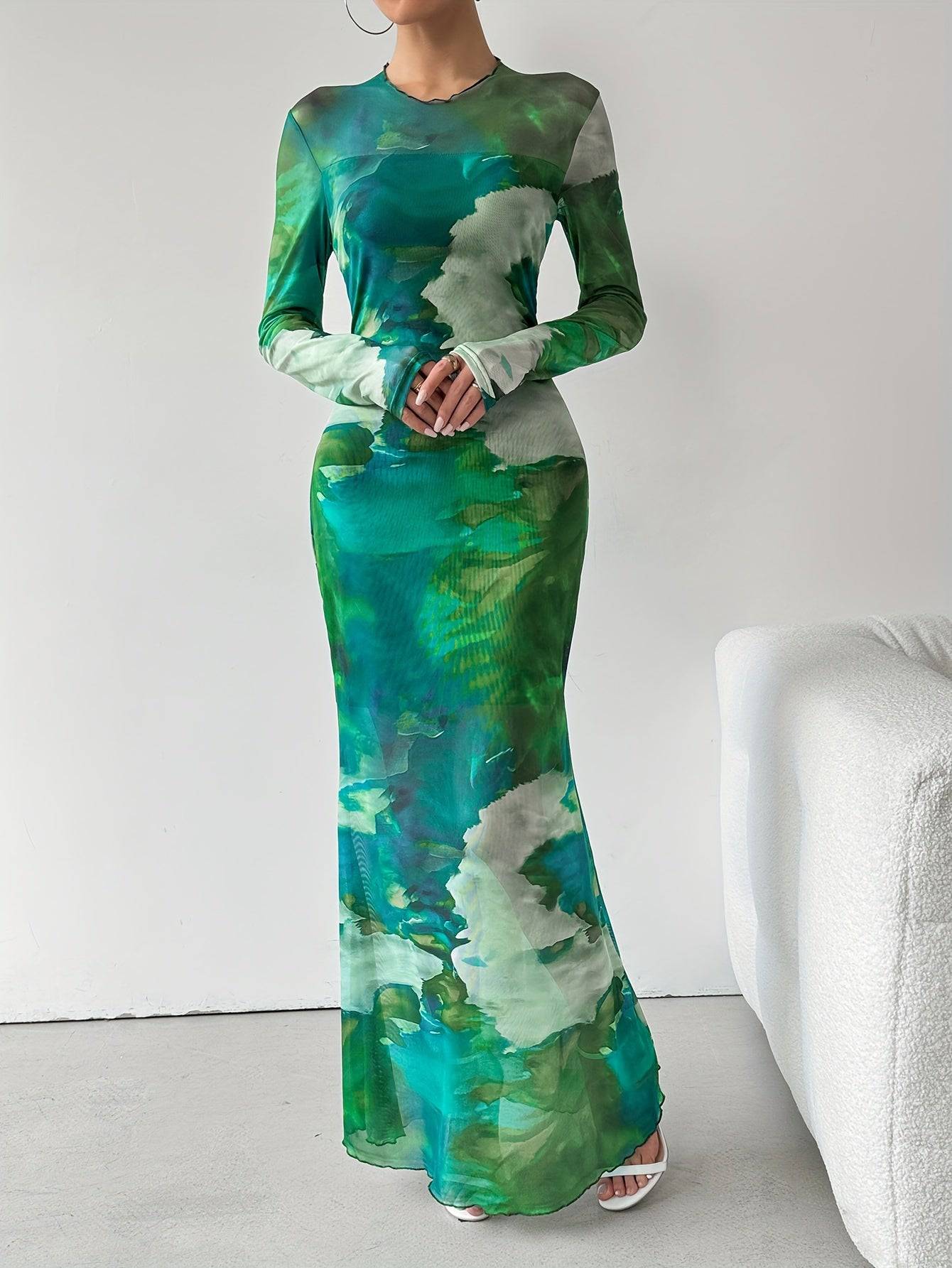 VougeVamp Vibrant Tie-Dye Mesh Maxi Dress – Elegant Long Sleeve Slim Fit Dress for Spring & Fall