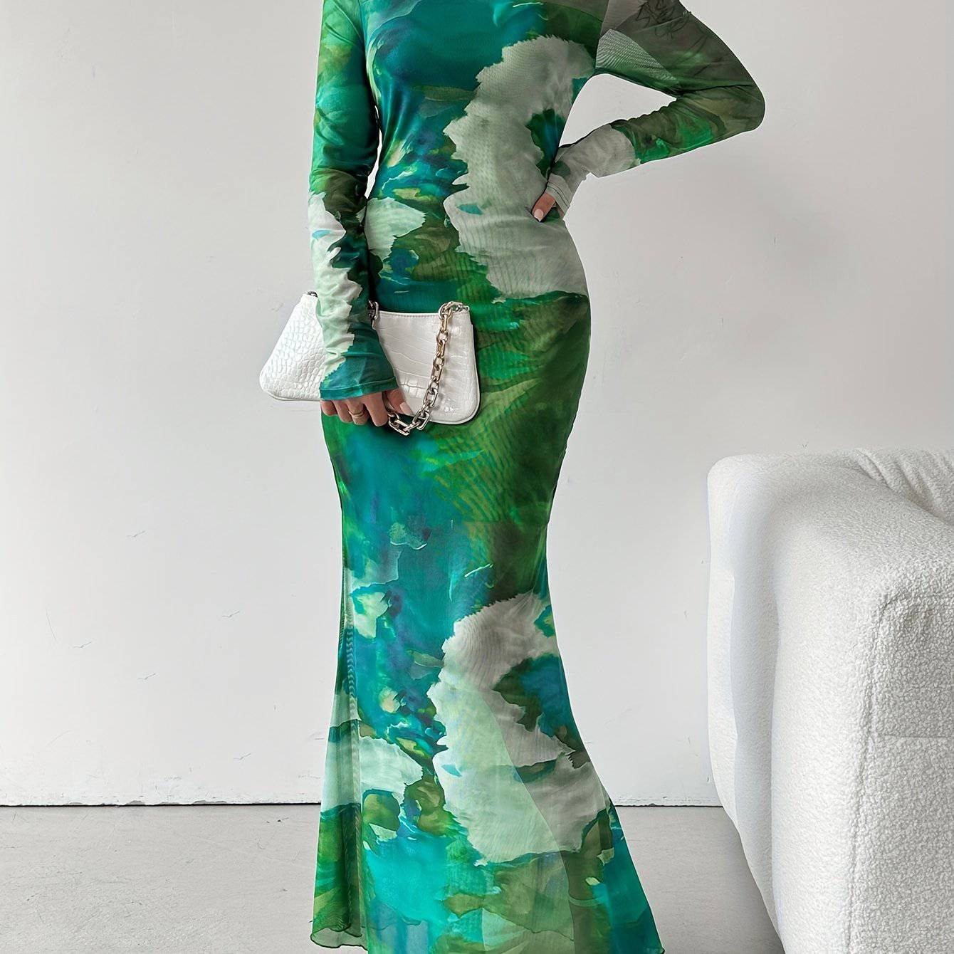VougeVamp Vibrant Tie-Dye Mesh Maxi Dress – Elegant Long Sleeve Slim Fit Dress for Spring & Fall