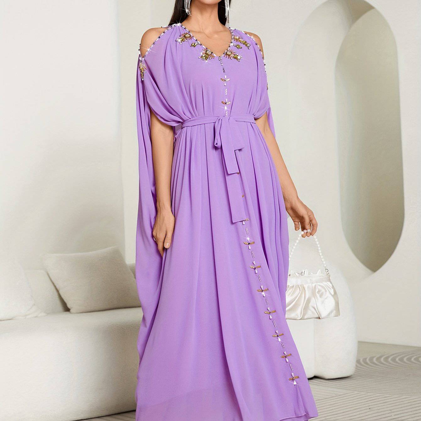 VougeVamp Elegant Off-Shoulder Maxi Dress with Handcrafted Pearl Embellishments and Flounce Sleeves
