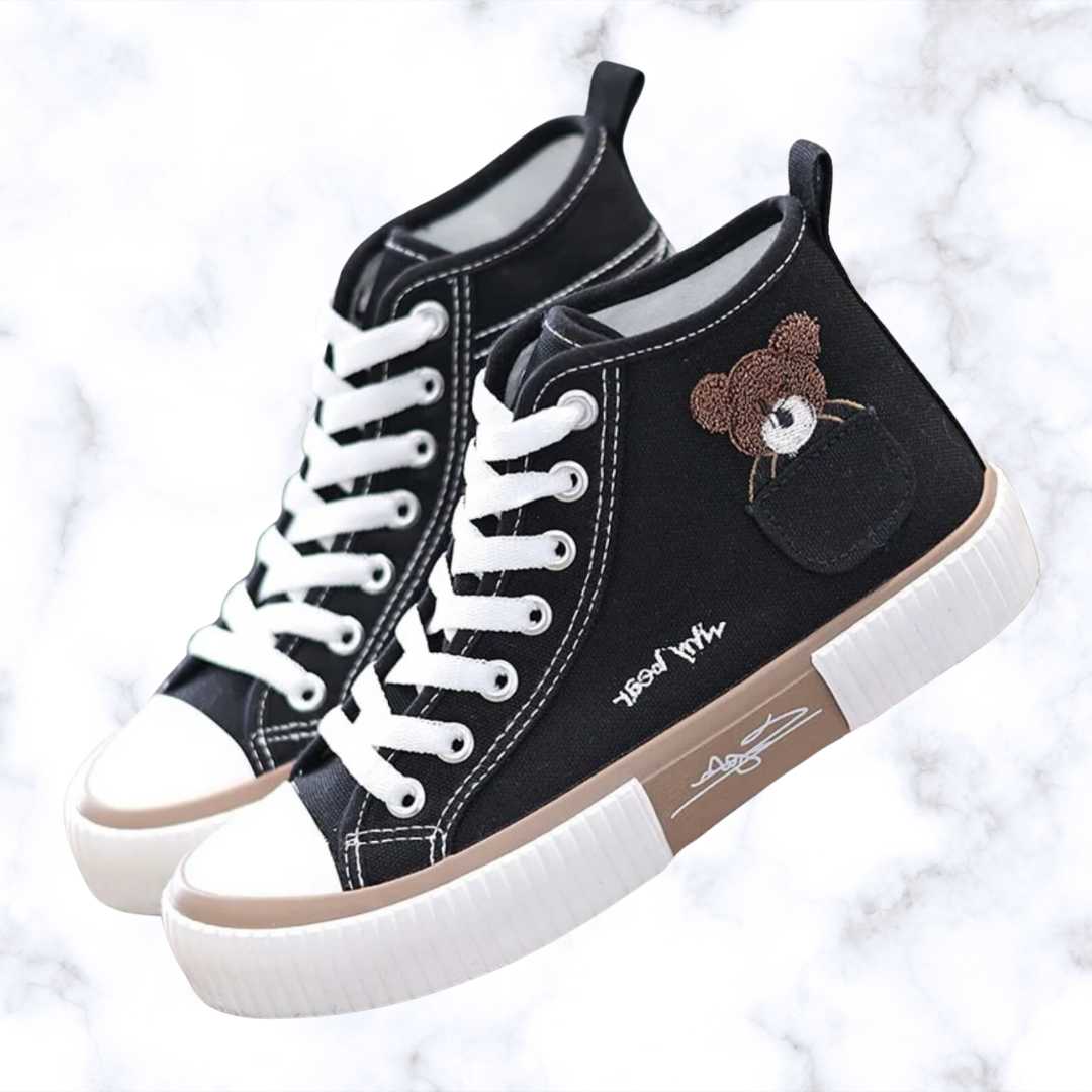 Breathable Canvas Bear Sneakers for Women – Casual High Top Sport Flats, Vulcanized Shoes