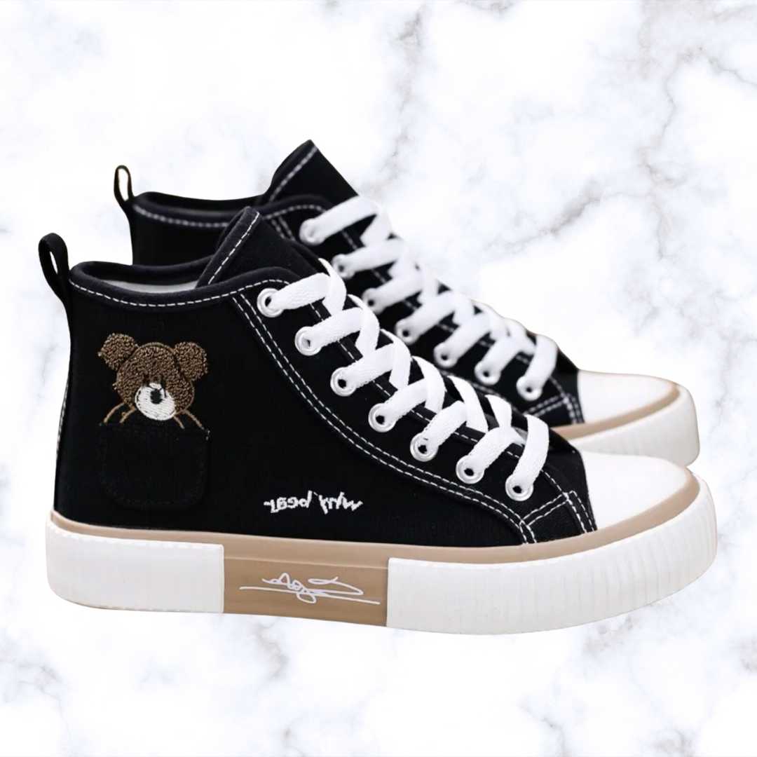 Breathable Canvas Bear Sneakers for Women – Casual High Top Sport Flats, Vulcanized Shoes