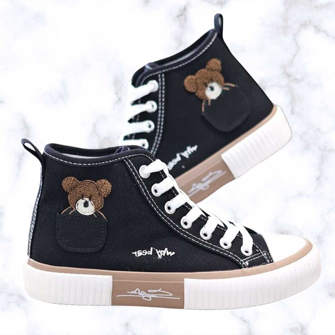 Breathable Canvas Bear Sneakers for Women – Casual High Top Sport Flats, Vulcanized Shoes