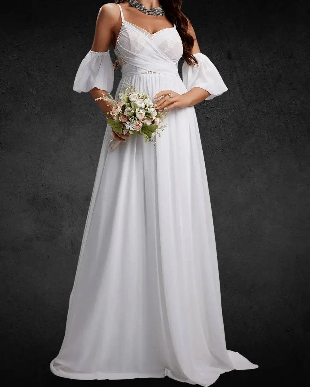 Chiffon Bridal Gown - V-Neck, Lace Details, Spring/Summer Wedding Dress