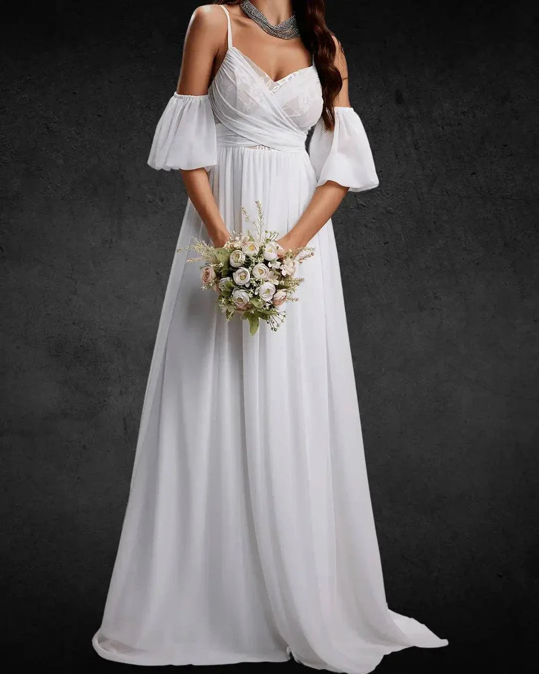 Chiffon Bridal Gown - V-Neck, Lace Details, Spring/Summer Wedding Dress