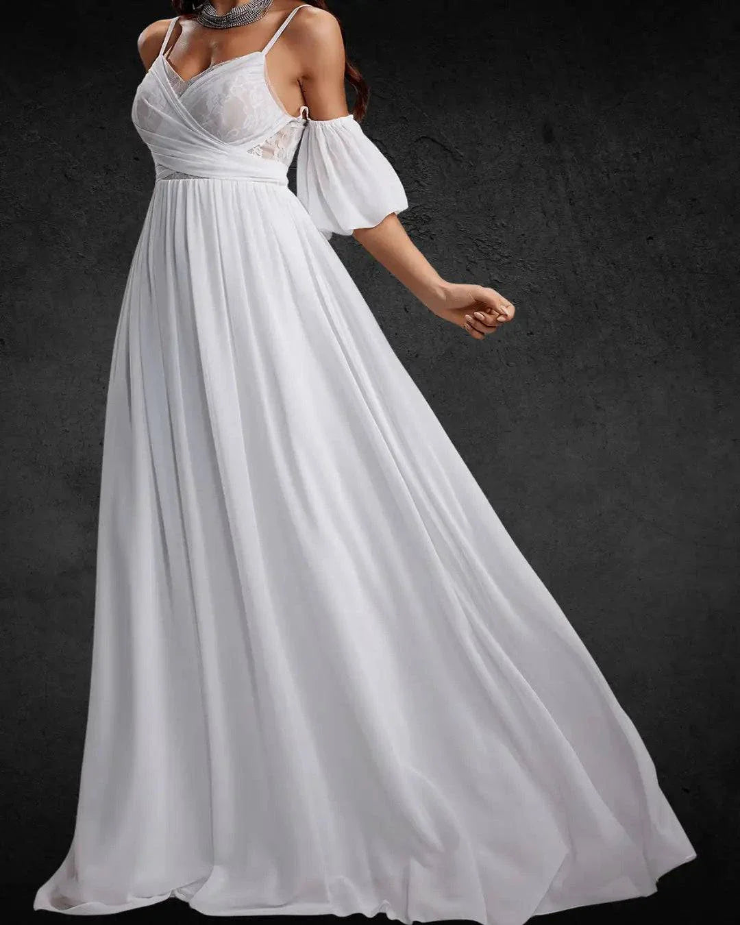 Chiffon Bridal Gown - V-Neck, Lace Details, Spring/Summer Wedding Dress