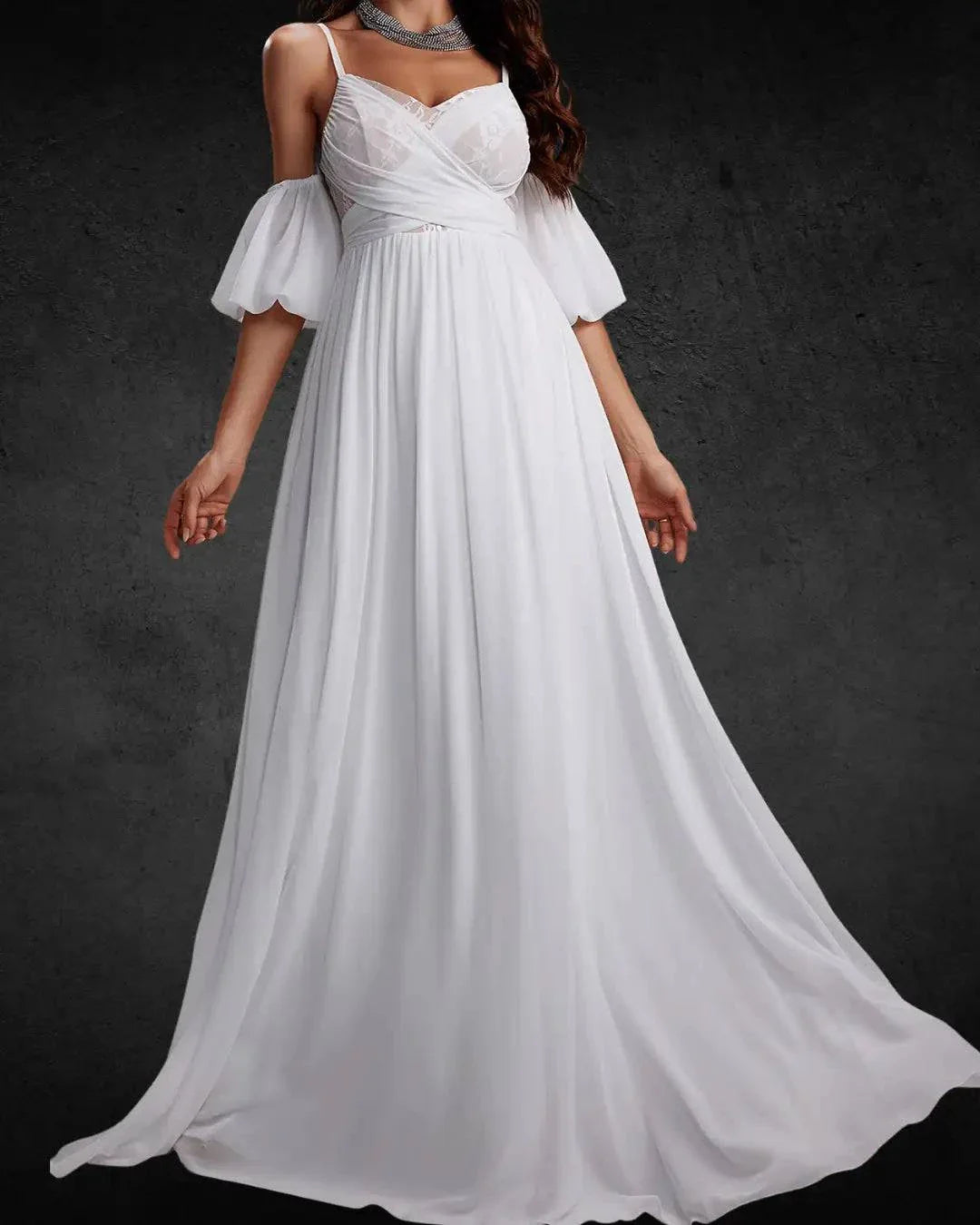 Chiffon Bridal Gown - V-Neck, Lace Details, Spring/Summer Wedding Dress