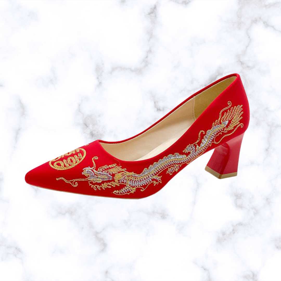 Chinese Style Embroidered Red Bridal Shoes with Pointed Toe, Thin High Heels, and Elegant Wedding Pumps