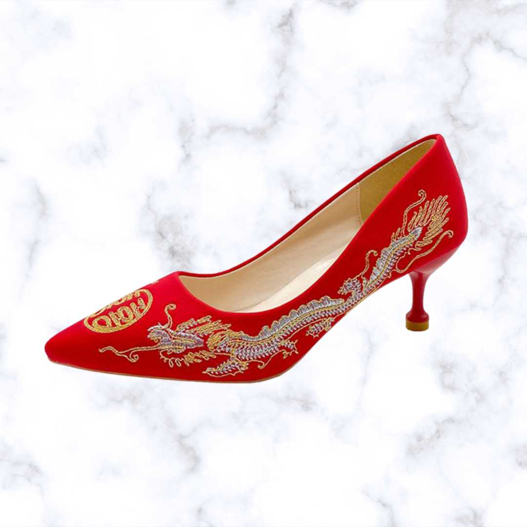 Chinese Style Embroidered Red Bridal Shoes with Pointed Toe, Thin High Heels, and Elegant Wedding Pumps
