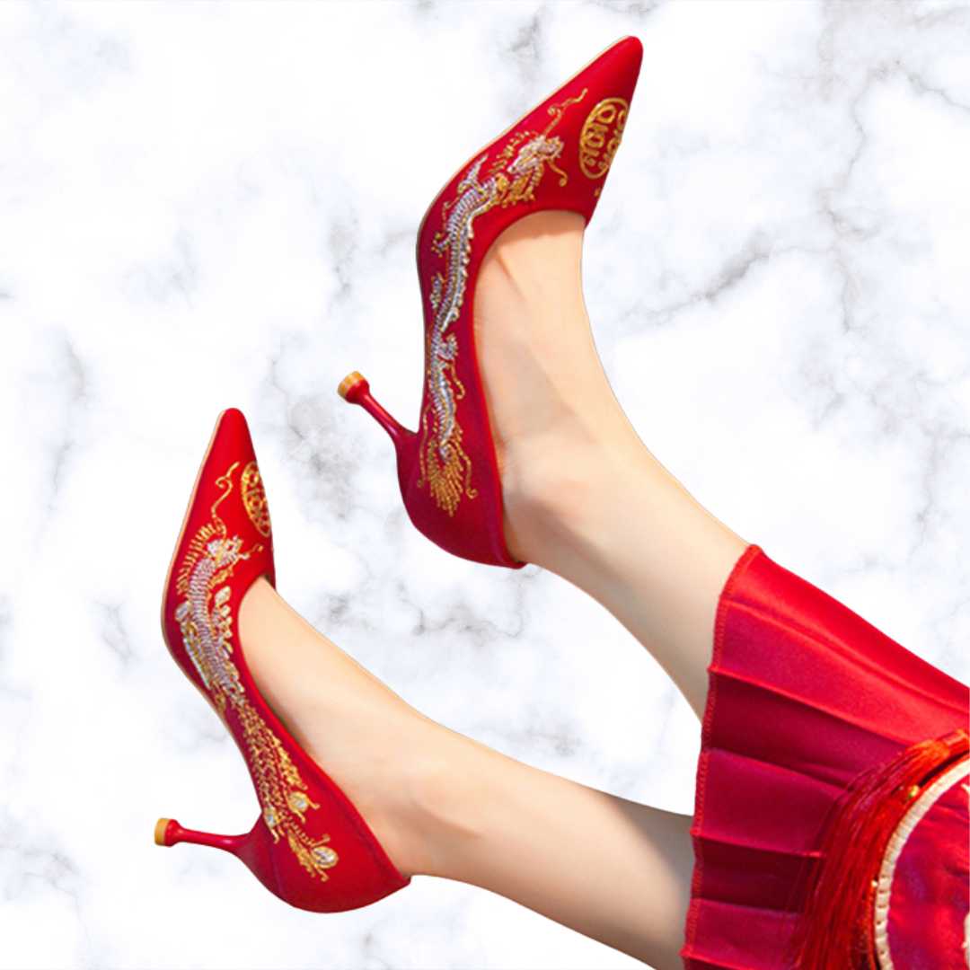 Chinese Style Embroidered Red Bridal Shoes with Pointed Toe, Thin High Heels, and Elegant Wedding Pumps