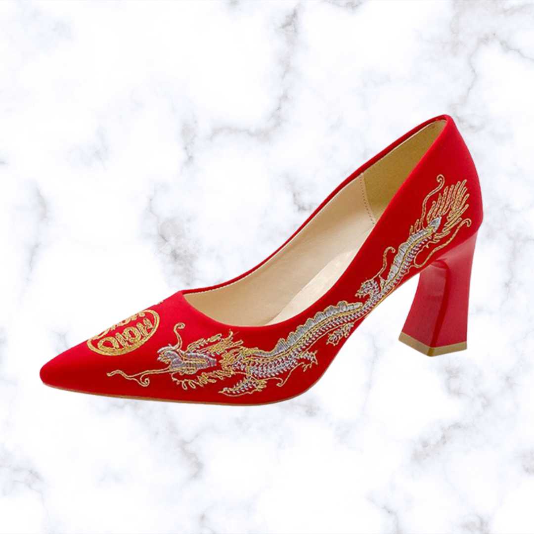 Chinese Style Embroidered Red Bridal Shoes with Pointed Toe, Thin High Heels, and Elegant Wedding Pumps