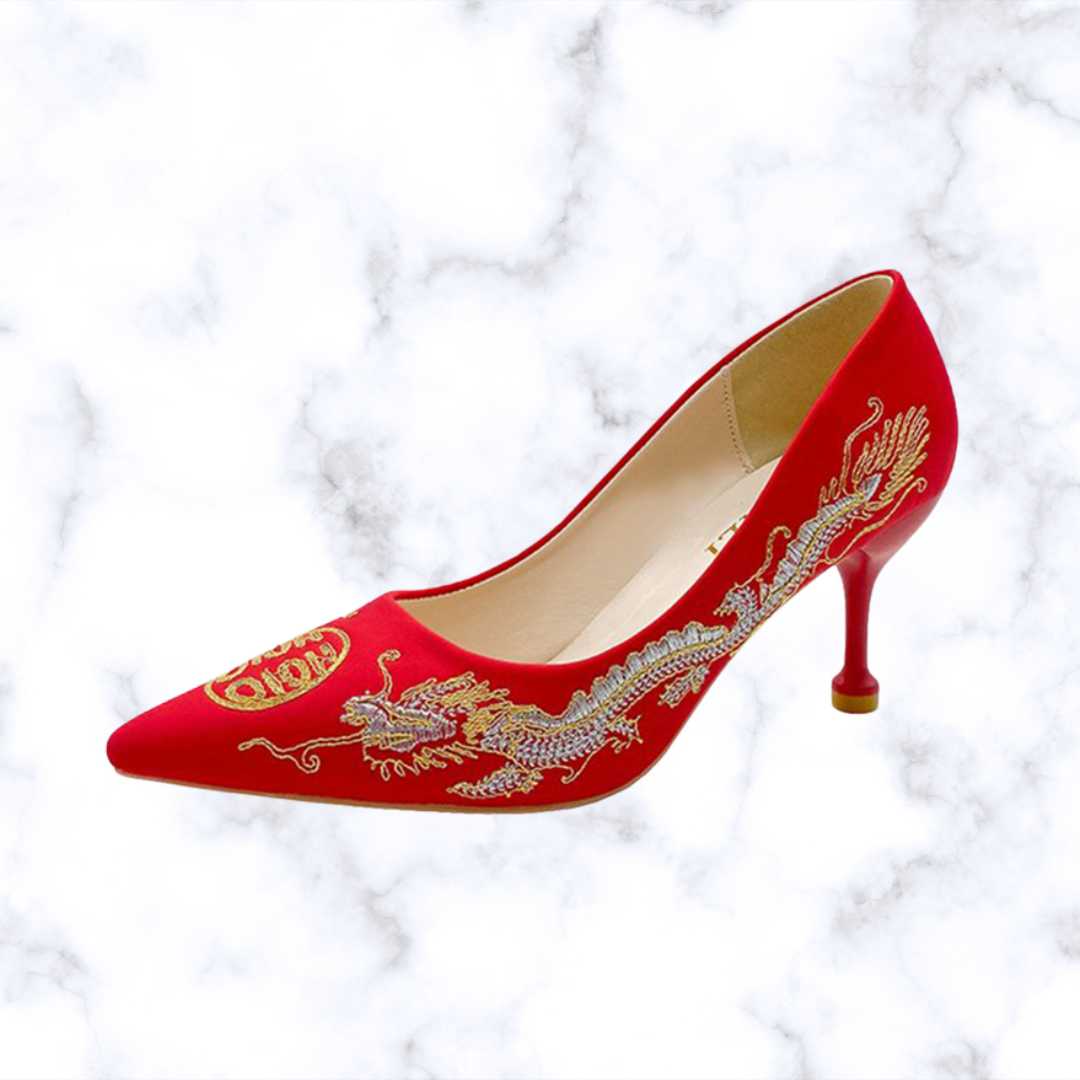 Chinese Style Embroidered Red Bridal Shoes with Pointed Toe, Thin High Heels, and Elegant Wedding Pumps
