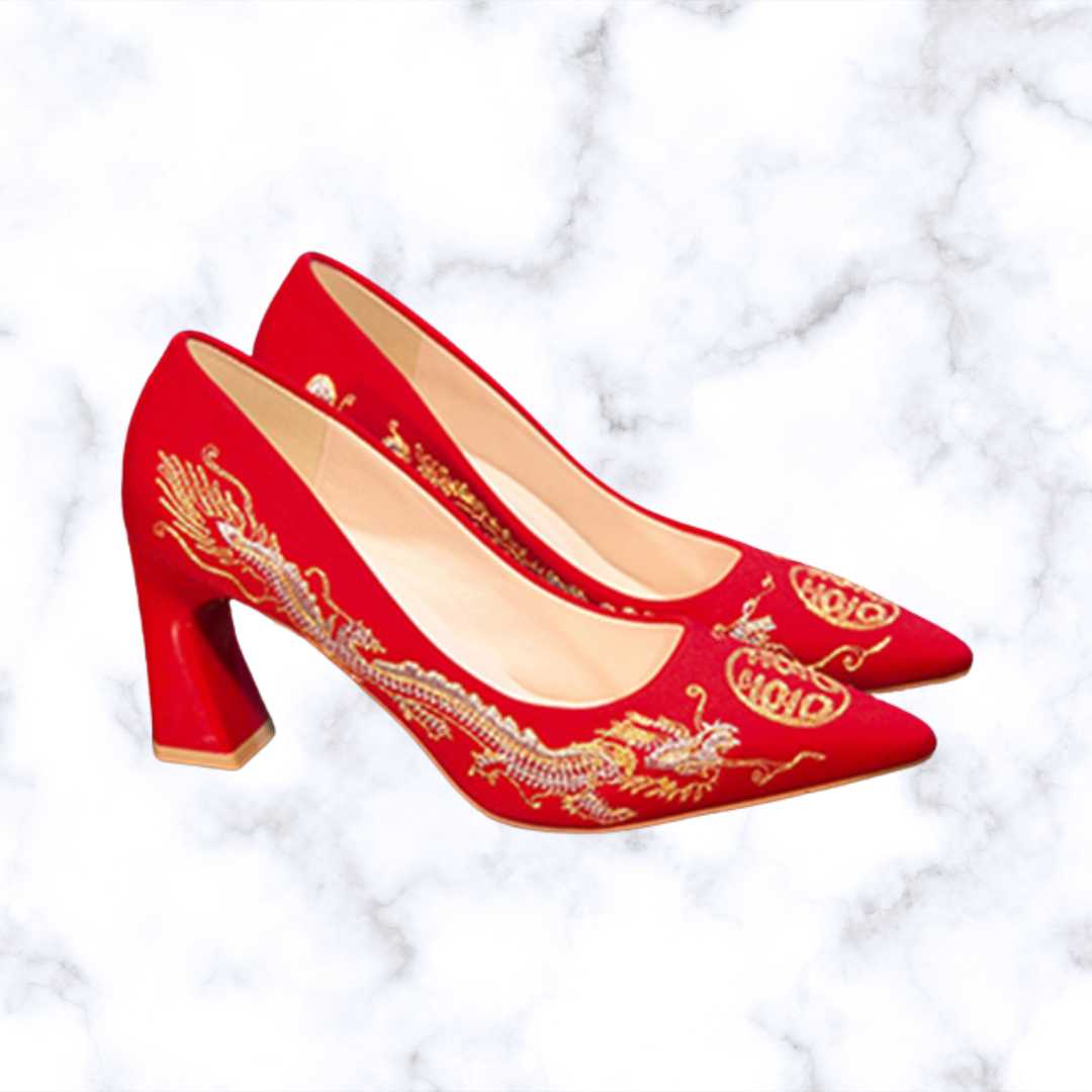 Chinese Style Embroidered Red Bridal Shoes with Pointed Toe, Thin High Heels, and Elegant Wedding Pumps