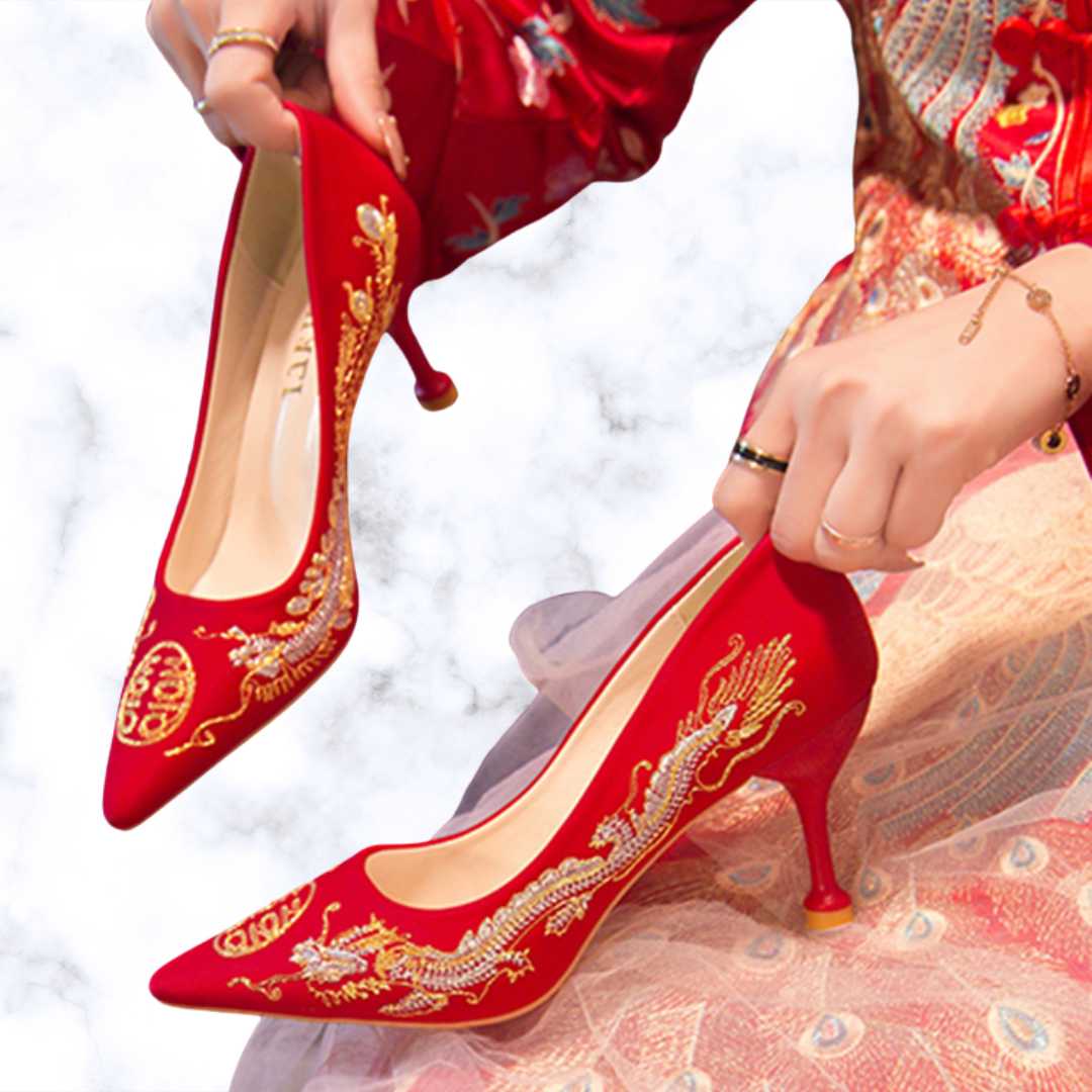 Chinese Style Embroidered Red Bridal Shoes with Pointed Toe, Thin High Heels, and Elegant Wedding Pumps