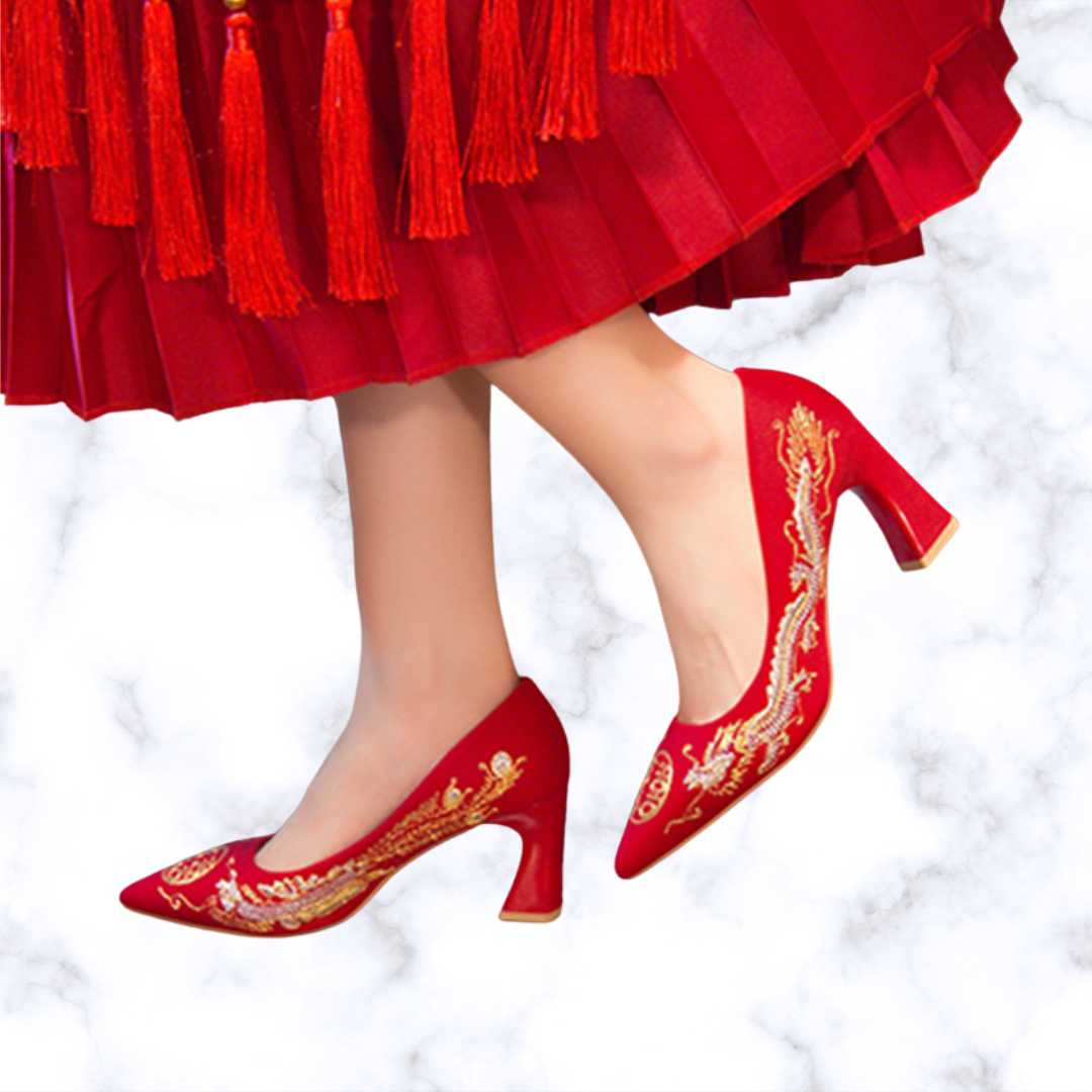 Chinese Style Embroidered Red Bridal Shoes with Pointed Toe, Thin High Heels, and Elegant Wedding Pumps