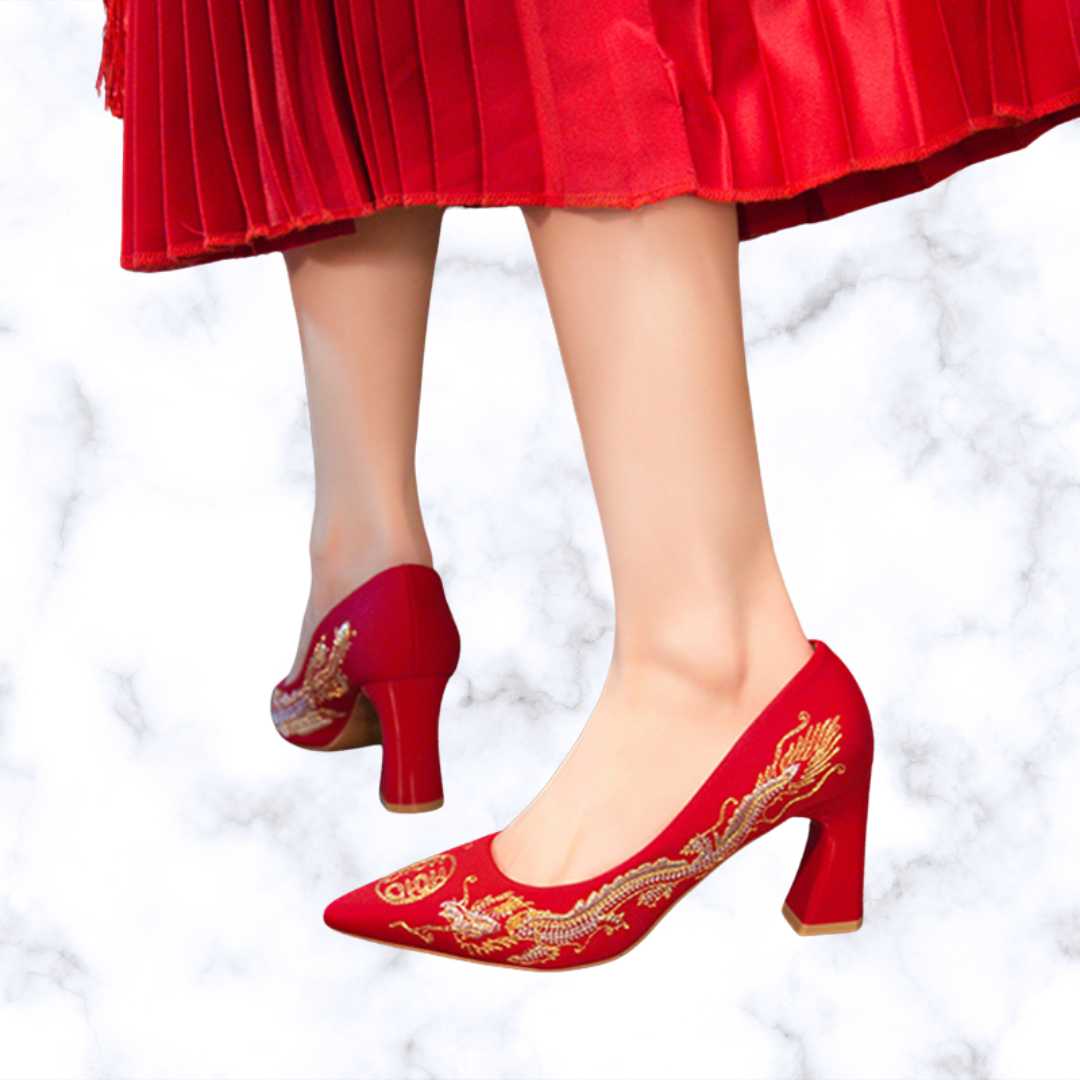 Chinese Style Embroidered Red Bridal Shoes with Pointed Toe, Thin High Heels, and Elegant Wedding Pumps