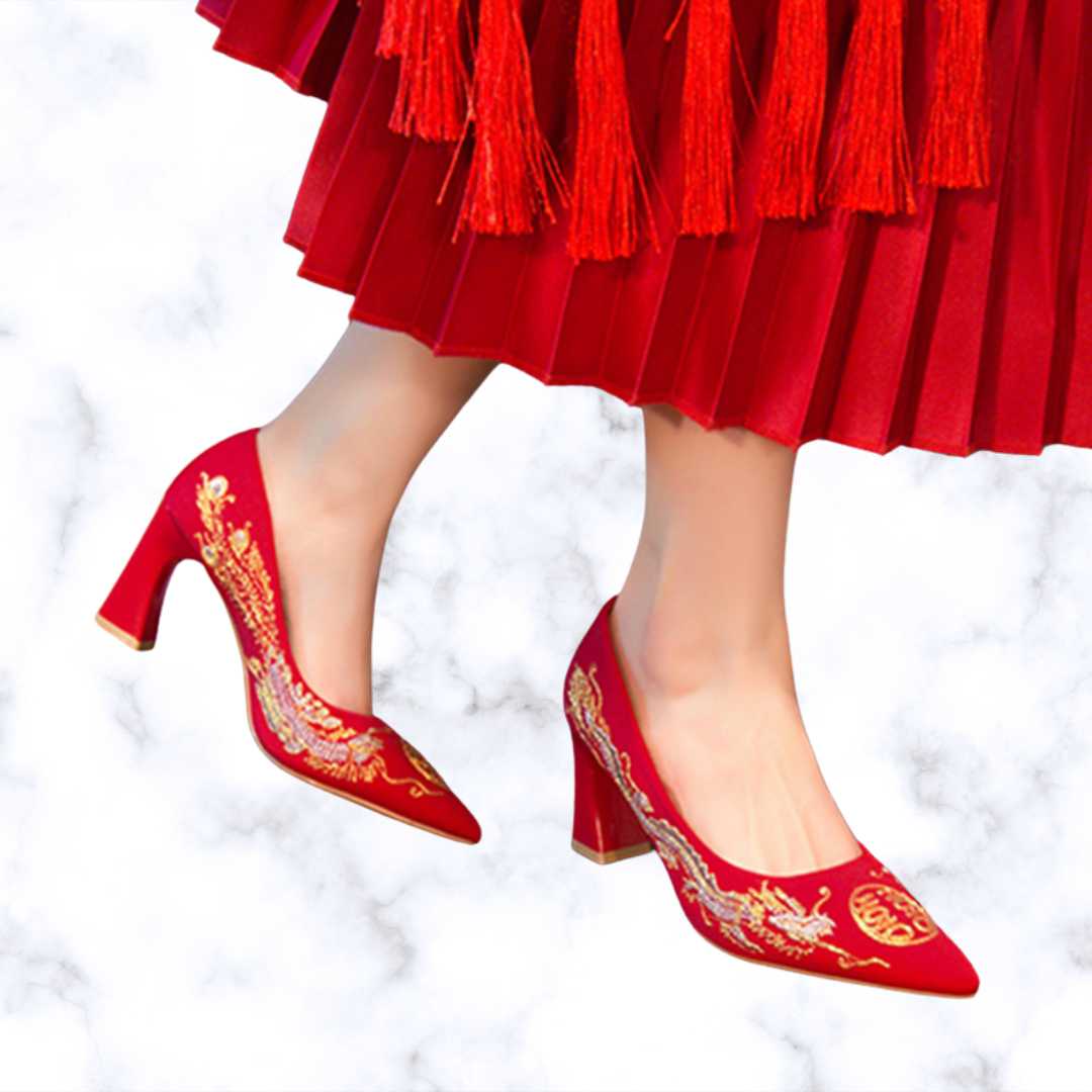 Chinese Style Embroidered Red Bridal Shoes with Pointed Toe, Thin High Heels, and Elegant Wedding Pumps
