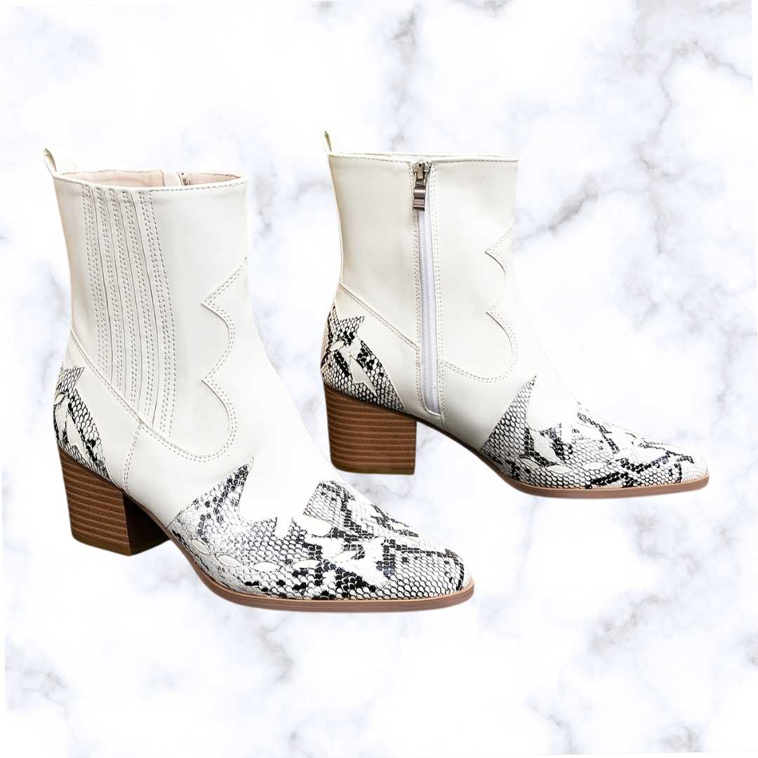 Designer Chic Women's Embroidered Snakeskin Ankle Boots – Pointed Toe, Chunky Heel, Side Zipper