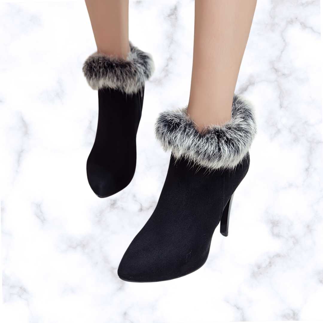 Designer Luxe Fluffy Stiletto Ankle Boots – Cozy Thermal Plush Lining with Trendy High Heels and Side Zipper Closure