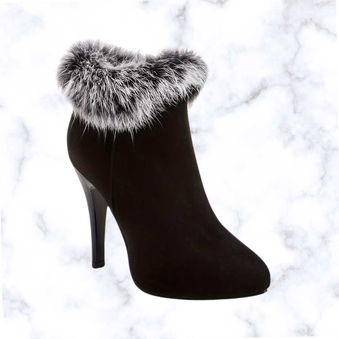 Designer Luxe Fluffy Stiletto Ankle Boots – Cozy Thermal Plush Lining with Trendy High Heels and Side Zipper Closure