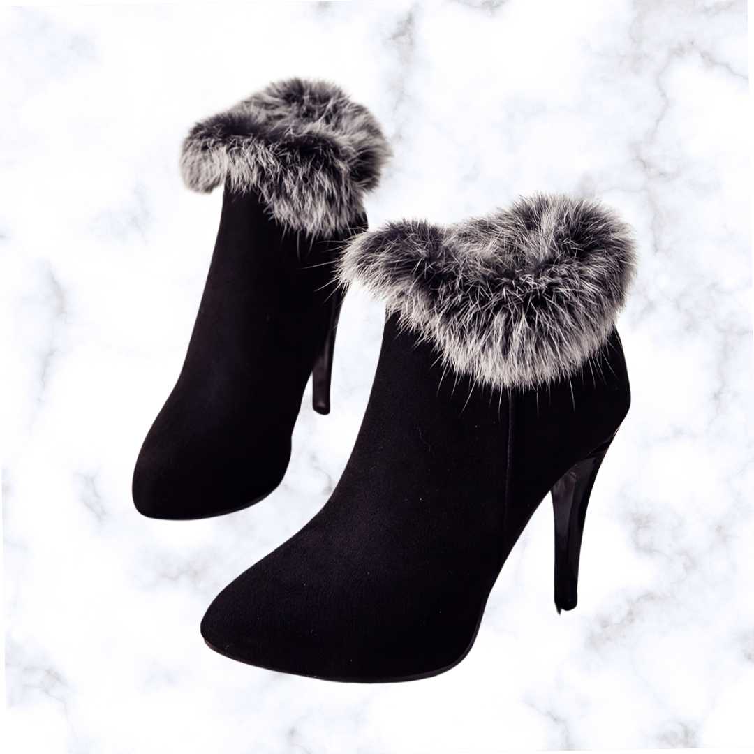 Designer Luxe Fluffy Stiletto Ankle Boots – Cozy Thermal Plush Lining with Trendy High Heels and Side Zipper Closure