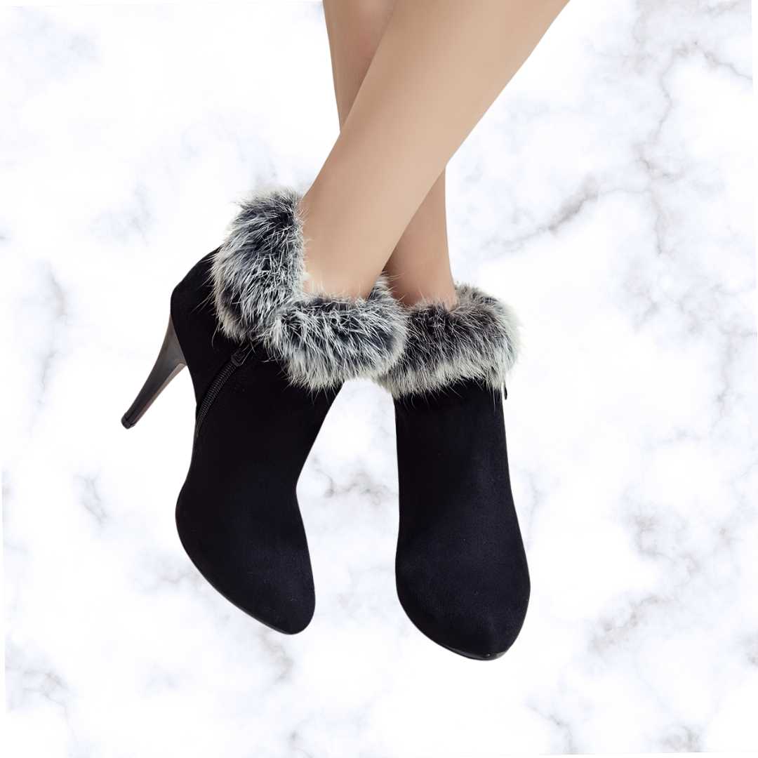 Designer Luxe Fluffy Stiletto Ankle Boots – Cozy Thermal Plush Lining with Trendy High Heels and Side Zipper Closure
