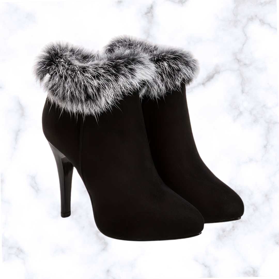 Designer Luxe Fluffy Stiletto Ankle Boots – Cozy Thermal Plush Lining with Trendy High Heels and Side Zipper Closure