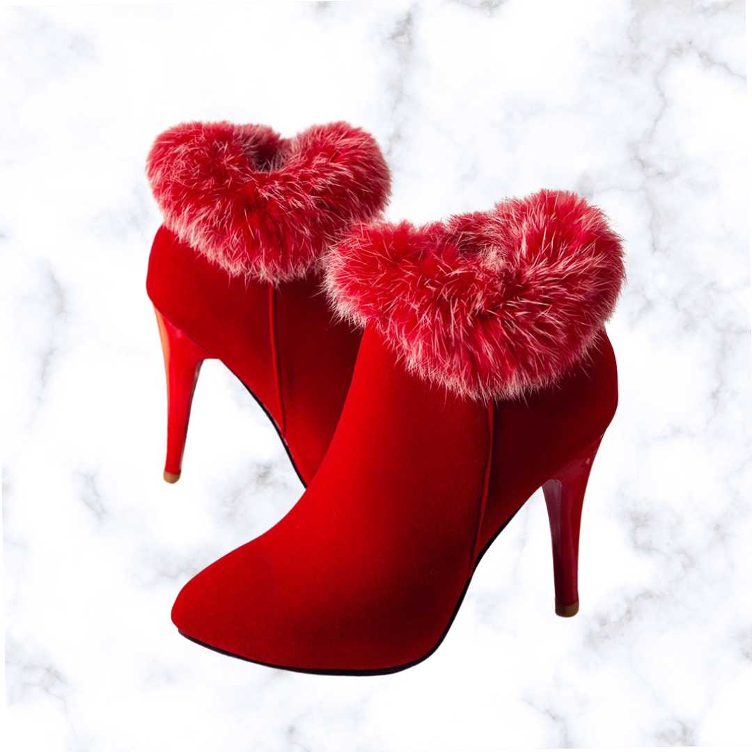 Designer Luxe Fluffy Stiletto Ankle Boots – Cozy Thermal Plush Lining with Trendy High Heels and Side Zipper Closure
