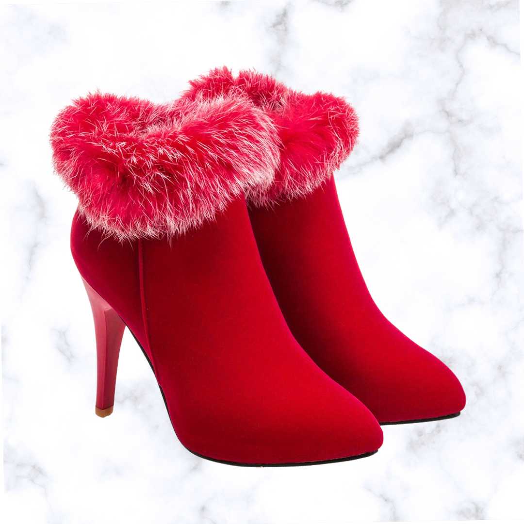 Designer Luxe Fluffy Stiletto Ankle Boots – Cozy Thermal Plush Lining with Trendy High Heels and Side Zipper Closure