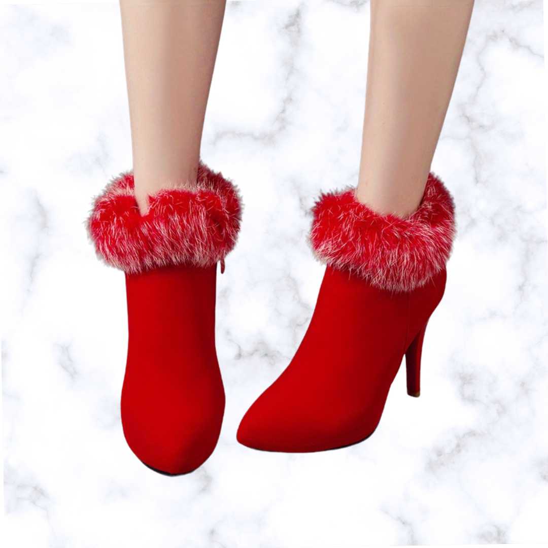 Designer Luxe Fluffy Stiletto Ankle Boots – Cozy Thermal Plush Lining with Trendy High Heels and Side Zipper Closure