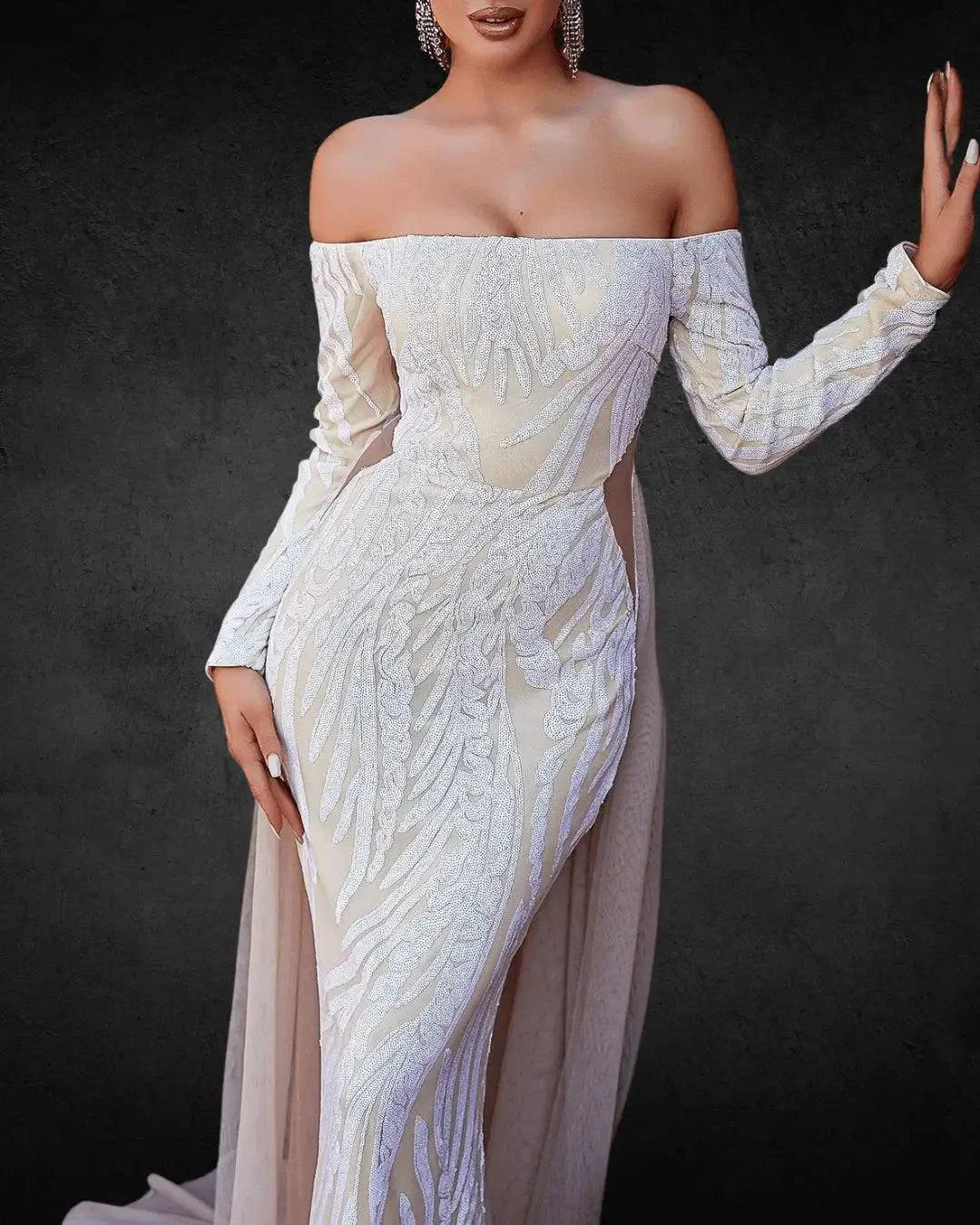 Designer Off-the-Shoulder Mermaid Bridal Gown with Long Sleeves, Geometric Pattern - VougeVampUK