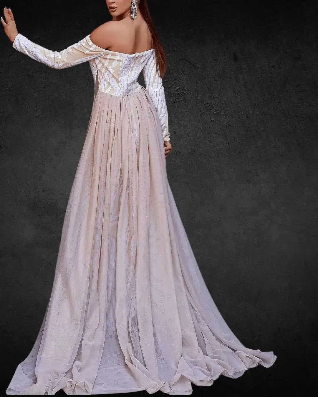 Designer Off-the-Shoulder Mermaid Bridal Gown with Long Sleeves, Geometric Pattern - VougeVampUK