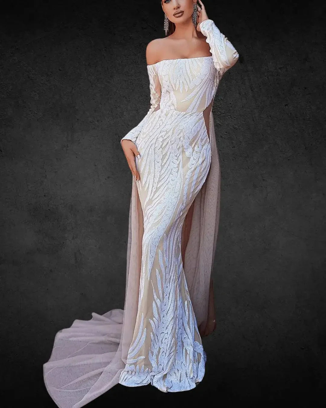 Designer Off-the-Shoulder Mermaid Bridal Gown with Long Sleeves, Geometric Pattern - VougeVampUK
