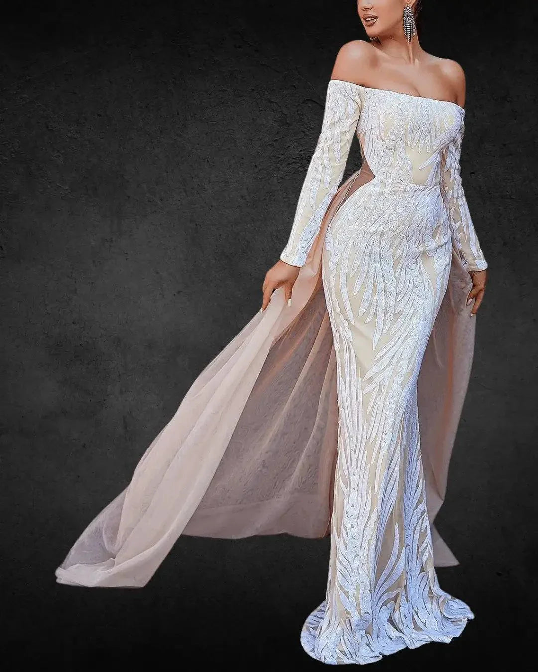 Designer Off-the-Shoulder Mermaid Bridal Gown with Long Sleeves, Geometric Pattern - VougeVampUK