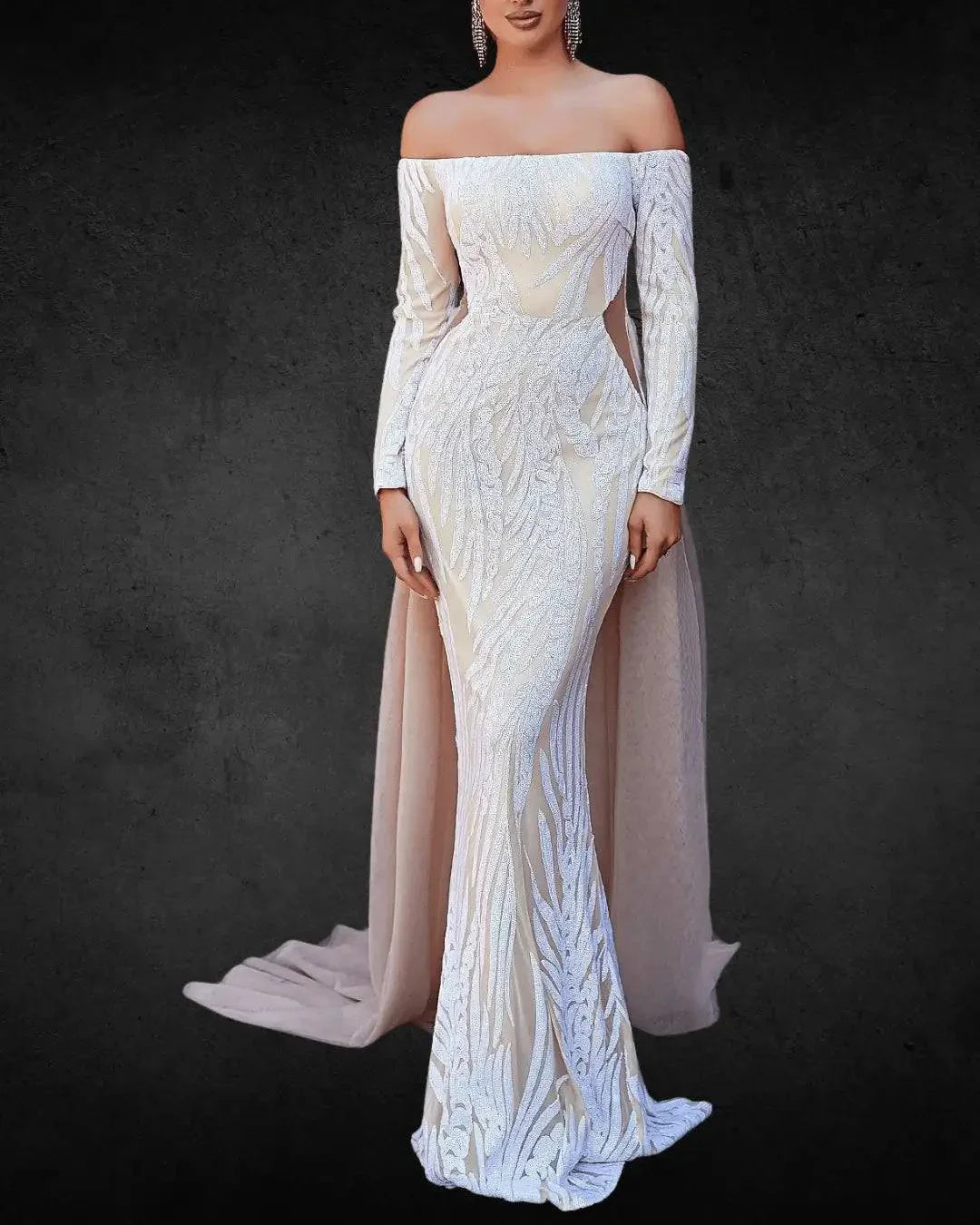 Designer Off-the-Shoulder Mermaid Bridal Gown with Long Sleeves, Geometric Pattern - VougeVampUK